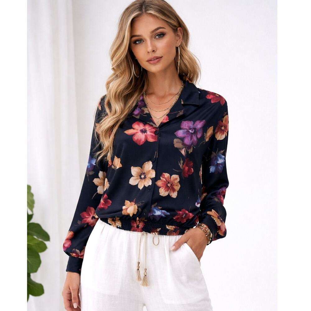 Vintage Lisa Josephs Satin Blouse Women's Size M Black Floral Long Sleeve Office